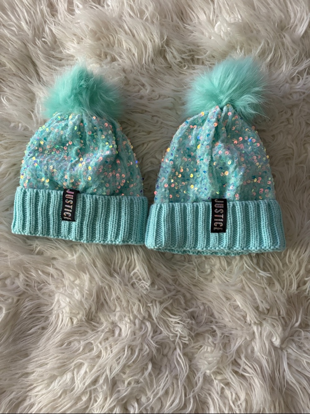 Justice Mint Sequin Pom Pom Knit Beanie
